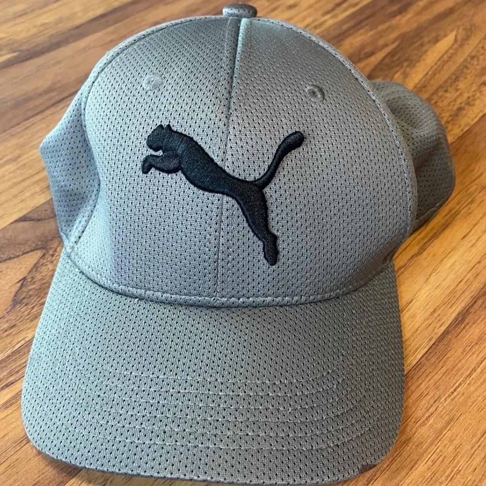 Puma Mens Grey Mesh Stretch Fit Baseball Hat L/XL Black Cat Logo Athletic Cap